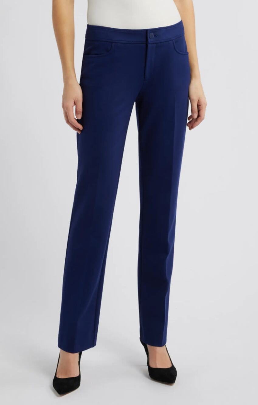 Anne Klein Flat Front Straight Leg Pants 8 NWOT Navy Blue Career Trouser Stretch